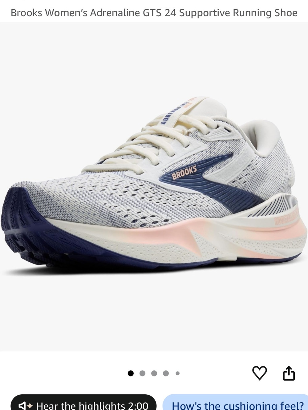 Brooks Women’s Adrenaline GTS 24 Running Shoe - White, Navy & Light Pink